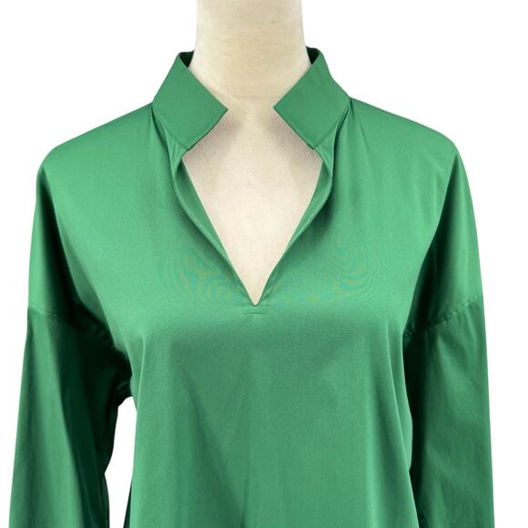 Lafayette 148 NWT Solid Green Hawkins Poplin Stretch V-neck Collarless Blouse - Picture 6 of 13